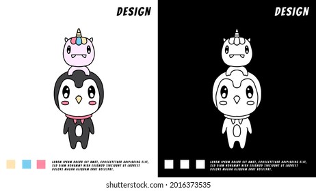 cute penguin and unicorn cartoon. illustration for t shirt, poster, logo, sticker, or apparel merchandise.
