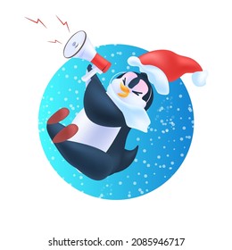 cute penguin using loudspeaker sale poster holiday shopping announcement concept full length