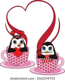 Cute Penguin Valentine Couple In Cup Vector