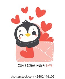 Cute penguin Valentine delivery love mail cartoon drawing, Kawaii animal character illustration.