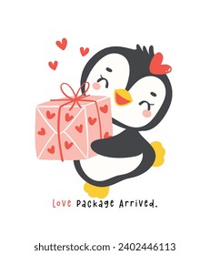 Cute penguin Valentine delivery love gift box cartoon drawing, Kawaii animal character illustration.