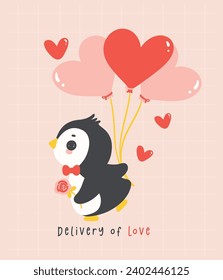 Pingüino lindo Valentín con dibujos animados de globos de forma cardíaca, ilustración del personaje animal Kawaii.