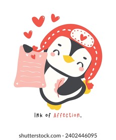 Cute penguin Valentine with love mail cartoon drawing, Kawaii animal character illustration.