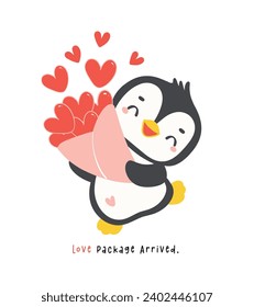 Cute penguin Valentine with red hearts bouquet cartoon drawing, Kawaii animal character illustration.