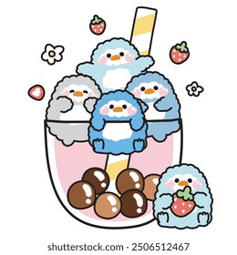 Cute penguin various poses in big bubble milk strawberry cup with flower on white background.Tea.Fruit.Bird animal character cartoon design.Kawaii.Vector.Illustration.