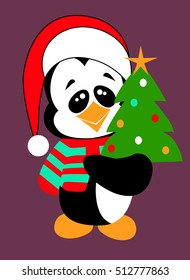 Cute penguin vector art with christmas tree