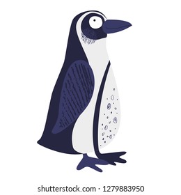 Cute penguin. Vector background. Hand drawn illustration. Chalk and pencil brush texture. Funny character for kids. Isolated on white for stickers, cards, invites and posters.