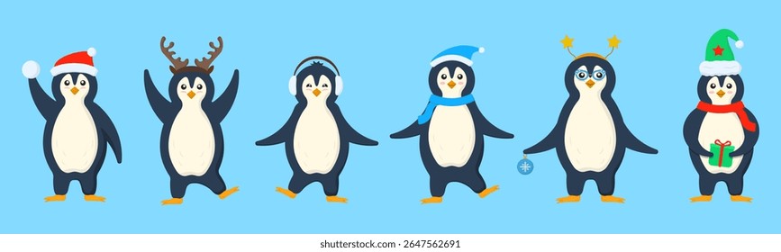 Cute penguin vector. Christmas cartoon character with hat and scarf. Funny winter xmas mascot illustration for holiday card and new year celebration. Happy arctic bird design with gift and snow backgr