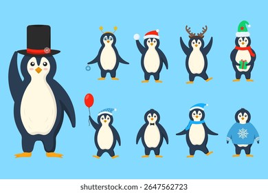 Cute penguin vector. Christmas cartoon character with hat and scarf. Funny winter xmas mascot illustration for holiday card and new year celebration. Happy arctic bird design with gift and snow backgr