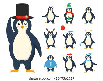 Cute penguin vector. Christmas cartoon character with hat and scarf. Funny winter xmas mascot illustration for holiday card and new year celebration. Happy arctic bird design with gift and snow backgr