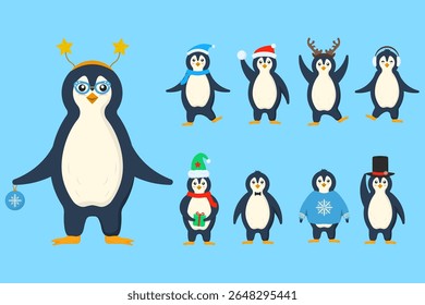 Cute penguin vector. Christmas cartoon character with hat and scarf. Funny winter xmas mascot illustration for holiday card and new year celebration. Happy arctic bird design with gift and snow backgr