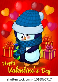 Cute penguin, vector illustration, Design Postcard St. Valentine's Day.