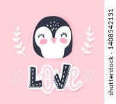 Cute Penguin vector illustration. Funny Cartoon animal. Can be used for kids or babies t shirt design. Happy little girl Penguin. Adorable greeting card.
