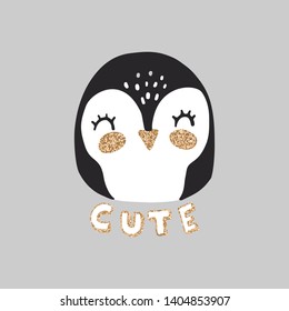 Cute Penguin vector illustration. Funny Cartoon animal. Can be used for kids or babies t shirt design. Happy little girl Penguin with golden glitter.