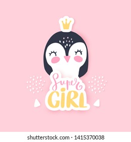 Cute Penguin vector illustration. Funny Cartoon animal. Can be used for kids or babies t shirt design. Happy little girl Penguin. Super girl.