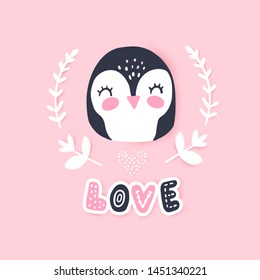Cute Penguin vector illustration. Funny Cartoon animal. Can be used for kids or babies t shirt design. Happy little girl Penguin. Love - hand written text.