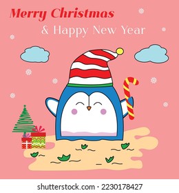 Cute Penguin Vector, Illustration on a Red Background. Christmas Elements, Bright Winter Holidays, Greeting Cards, Banners, and Posters.