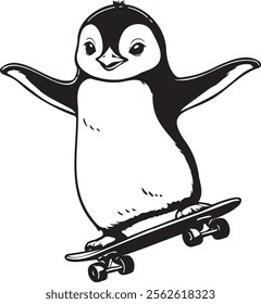 Cute penguin vector illustration playing skateboard. Black and white outline coloring book or page for children