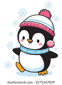 Cute penguin vector illustration wearing a knitted hat and winter scarf, looks adorable with a snowy background