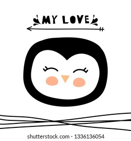 Cute penguin vector print in scandinavian style. Hand drawn vector illustration for  cards, posters, cards, t-shirts, book, textile.