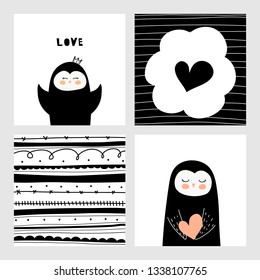 Cute penguin vector print in scandinavian style. Set of hand drawn vector illustrations for  cards, posters, cards, t-shirts, book, textile.