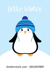 lindo pingüino vectorial ilustración de invierno, adorable animal en sombrero aislado en el fondo de la nieve