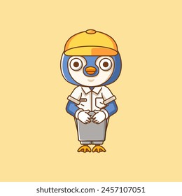 Cute penguin waiter animal kawaii chibi character mascot illustration outline style design set