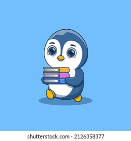cute penguin walking and bring some books