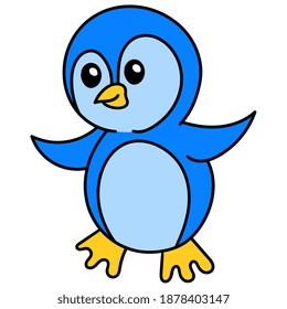 cute penguin is walking, doodle icon image. cartoon caharacter cute doodle draw