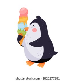 Cute Penguin Walking and Eating Ice Cream Vector Illustration