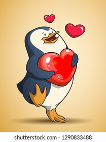 Cute penguin is walking holding a heart in his wings