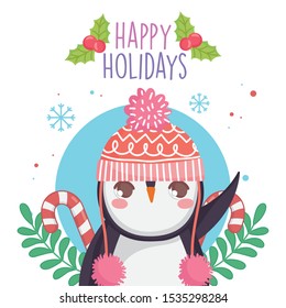 cute penguin with warm hat candy canes merry christmas vector illustration