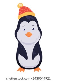 Cute penguin with warm hat on the head, stand and smile. Funny draw character in cartoon style. Adorable wild animal