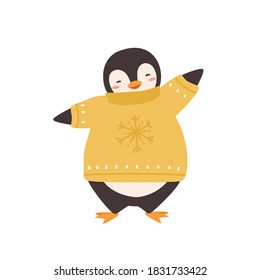 Cute penguin in warm sweater with snowflake print vector flat illustration. Funny polar bird wearing winter knitted clothes isolated on white. Adorable arctic animal in christmas apparel