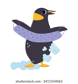 Cute Penguin Washing Body with Scrub and Foam Vector Illustration