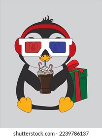 Cute Penguin Watching 3D Movie Christmas Vector