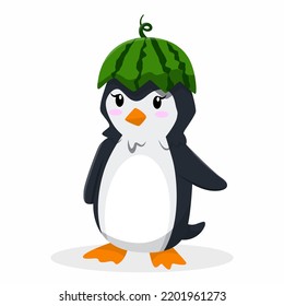 Cute Penguin with Watermelon Hat Design Character Illustration