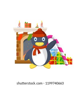 Cute penguin waving around the colored boxes with gifts. Winter animal celebrates Christmas and new year. Fireplace with socks and candles.
