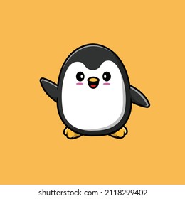 Cute Penguin Waving Hand Cartoon Vector Icon Illustration. Animal Icon Concept Isolated Premium Vector. Flat Cartoon Style