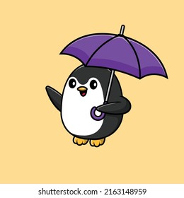 Cute Penguin Waving Hand And Holding Umbrella Cartoon Vector Icon Illustration. Animal Concept Isolated Premium Vector