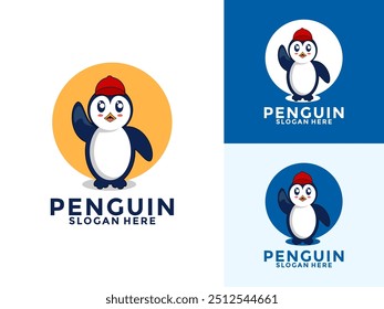 Cute Penguin Waving Hand Logo Cartoon Vector Icon Illustration, Penguin Logo vector template