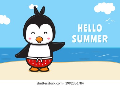 Cute penguin waving hand with a summer greeting banner cartoon vector icon illustration. Design isolated on blue. Flat cartoon style.