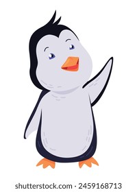 Cute penguin waving and smile. Funny draw character in cartoon style. Adorable wild animal. Vector illustration