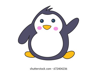 Cute Penguin waving. Vector Illustration. Isolated on white background.