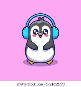 Cute Penguin Wear Earmuff Vector Icon Illustration. Animal Winter Icon Concept Isolated Premium Vector. Flat Cartoon Style 