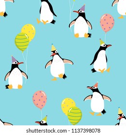 Cute penguin wear party hat and balloon seamless pattern. Happy animal wildlife cartoon character background.