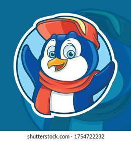 Cute penguin wear red hat and scarf raising his hands.