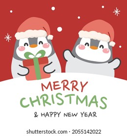 Cute penguin wear santa hat and hold x-mas gift box cartoon on red snow background.Merry christmas.Animals character design.Baby graphic.Art.Banner.Winter.Isolated.wallpaper.Kawaii.Vector.Illustration