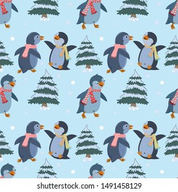 Cute penguin wear scarves in winter seamless pattern.