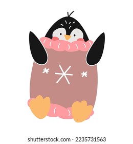 Cute penguin wear warm knitted sweaters, cartoon character vector illustration. Funny comic bird isolated on white background. Winter activities concept